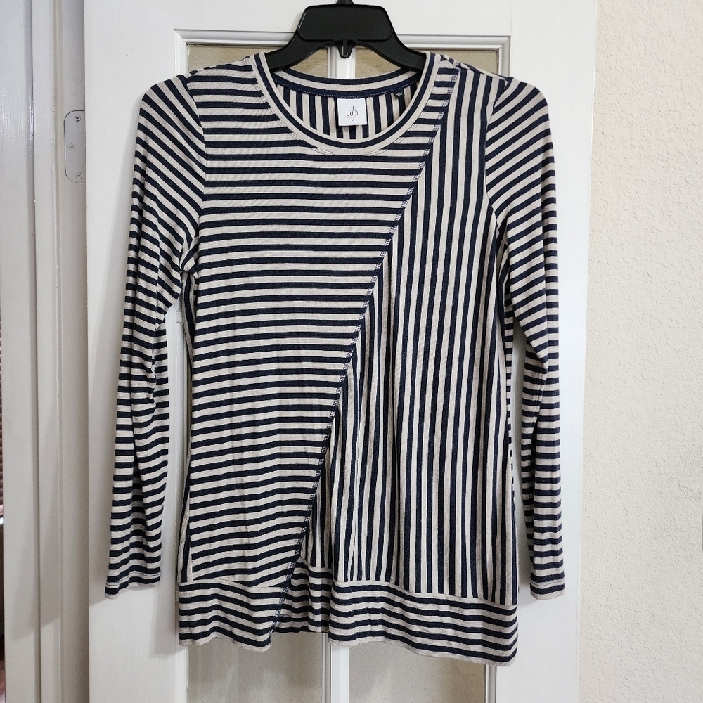 Cabi Ernest Striped Tunic Top Size M Navy & Beige Long Sleeve Asymmetrical